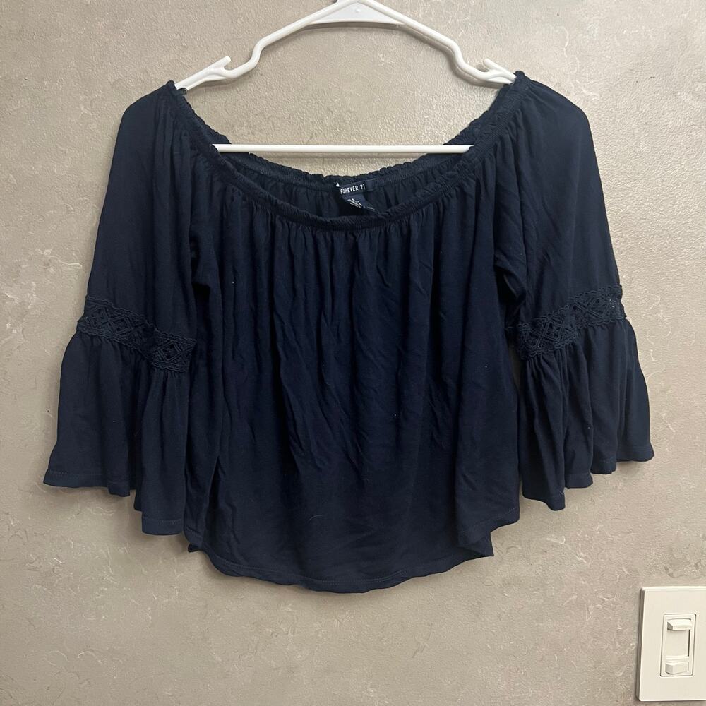 Forever 21 Boho Navy Blue Flowy Blouse Top S Juniors Peasant Festival Chiffon - Picture 5 of 9